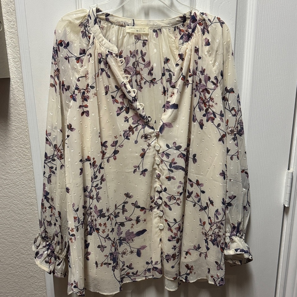 Cream and Purple Floral Blouse